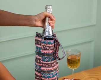 Multicolor Floral Stripe Blockprinted Wine Bottle Bag, Wine carrier bag, Quilted wine holder, wine carrier, Wine caddy, Wine Bag, Set of 2