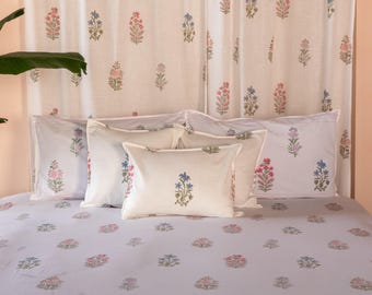 Pink & Green Multi Buti Noor Blockprint Double Bedsheet With Pillow Cover, White Bedsheet for Bedroom, Soft Floral Bedding, Jaipuri Bedsheet