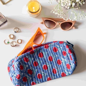 Blue & Red Buti Pouch, utility bags, make up pouches, handmade, cosmetic bags, printed pouches, made in india