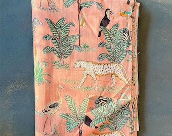 Pink Animal Print Tropical Safari fabrics, hand screen printed, tropical safari, fabric by the yard, fabric for PJ sets, dress fabric