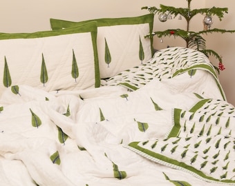 Mughal Cypress Tree Queen Size Quilt, Jaipuri Quilt, Blockprinted Quilt, All season quilt, White Quilt, Handquilted manta