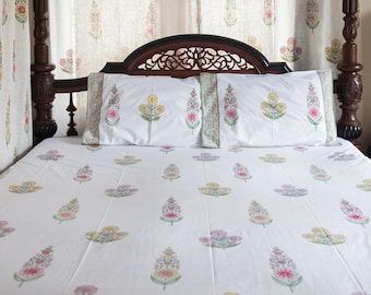 Guldasta Cypress Poppy Blockpy Double Bedsheet avec taie d’oreiller, drap imprimé, couvre-lit, literie, cadeau de Noël, drap plat, ajusté