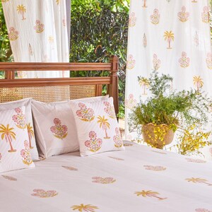 Yellow & Pink Malabar Blockprint Double Bedsheet With Pillow Cover, Tropical Sheet ,White Bedsheet for bedroom, flatsheet, fitted sheet