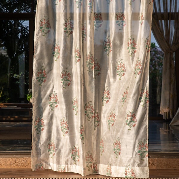 Peach and Green Dewdrop Blockprint Maheshwari Silk Curtain, Silk Curtains, Living Room Curtains, Door Curtains, Grommet Panels and Drapes