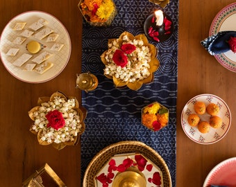 Corredor de mesa abstrato índigo, corredor de mesa de algodão patchwork, corredor de mesa azul Jaipur, corredor de mesa retangular