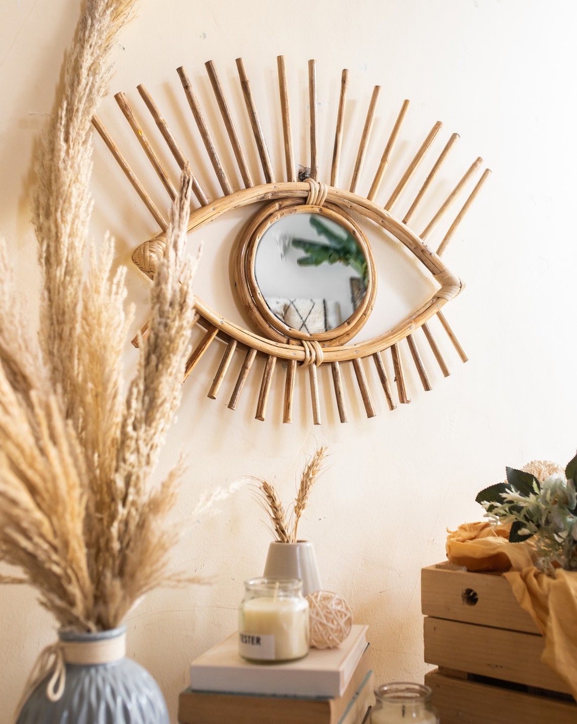 Rattan Evil Eye Mirror Evil Eye Wall Mirrors 2 sizes Etsy