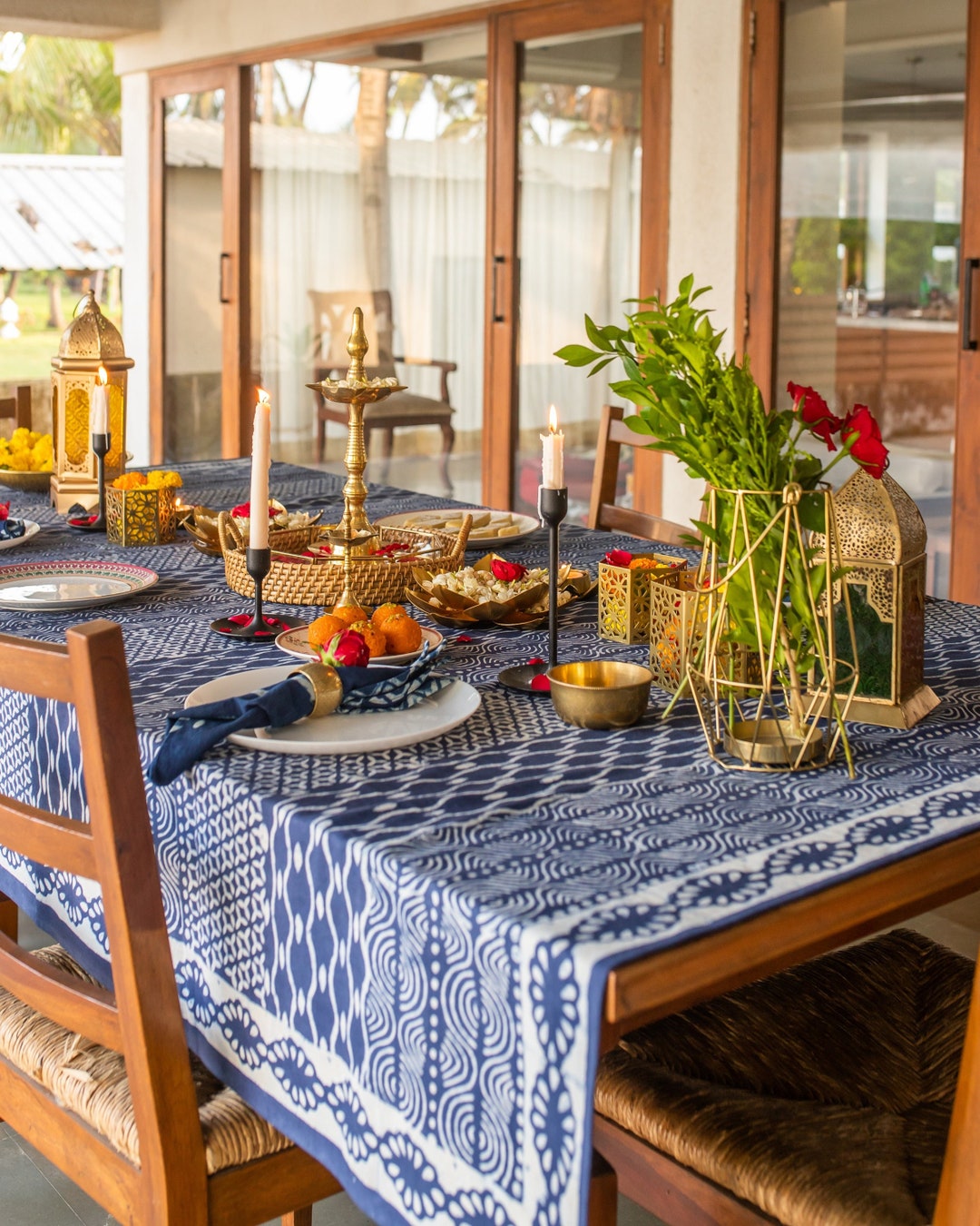 Indigo Abstract Kantha Table Cloth, Aztec Cotton Table Cover ,blue