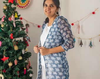 Indigo Flower Kota Doriya Shrug, Print Nightwear, Cotton Loungewear Set, Dyed Design, Loungewear Women, Comfy Nightwear, Front Open