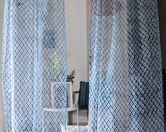 Indigo Diamond Kota Doria Curtains, Cotton Curtains, Tie Dye Panels, Bohemian Curtains, Custom Sizes available, breezy curtains,pack of 1