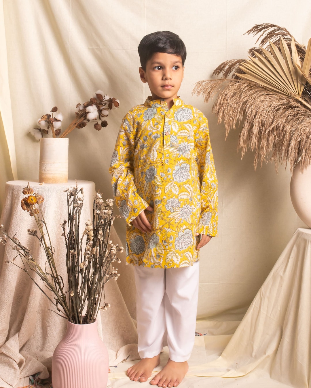 Boys Yellow Printed Kurta with Pyjamas