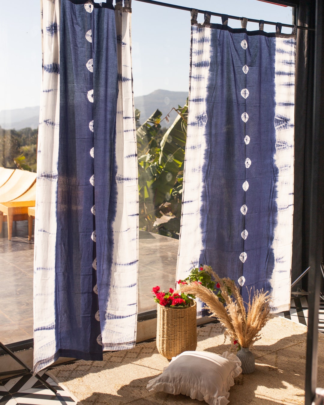 Indigo Polka Hand Tie Dye Sheer Curtains,cotton Curtains, Pack of 1