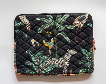 Funda para portátil Black Tropical Safari, serigrafiada, hecha a mano, con estampado tropical, bolsas para portátiles hechas en India