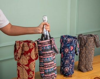 Set of 4 Blockprinted Wine Bottle Bags, Wine carrier bag, Quilted wine holder, wine carrier, Wine caddy, Wine Bags