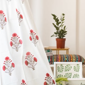 Red Poppy Mughal Print White Semi Sheer Cotton Curtains, Boho Curtains, Blockprint curtains, Curtains for living room, Drapes for home