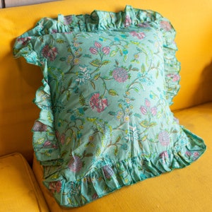 Green Spring Ruffle Cushion cover, Square ruffle cushion covers, ruffle cushions, green blockprint cushion, Cushions USA, made in india