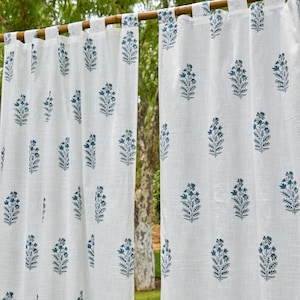 Blue Viola Blockprint Cotton Slub Curtain,Floral curtains, Jaipuri curtain panels, Blue Floral Curtains, Curtains for Bedroom