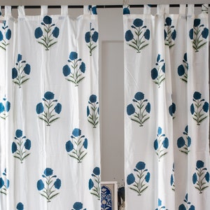 Blue Poppy Cotton Sheer Curtain, Blue Floral Curtains,Window Panels, Pack of 1 Sturdy Curtains, Poppy Blockprint Curtains