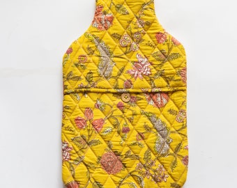 Funda para bolsa de agua caliente Yellow Spring, serigrafiada, bolsa de agua caliente, acolchada, ideas para regalos de inauguración de la casa, hecha a mano, fabricada en la India.