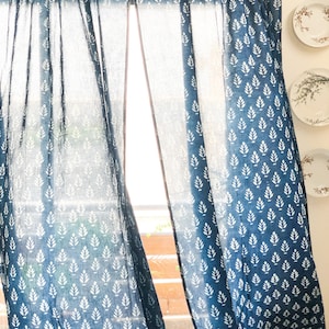 Indigo Mughal Print Semi sheer curtain, Cotton curtains, Boho Curtains, Drape panels, Blockprint curtains, Window Curtains, Door curtains