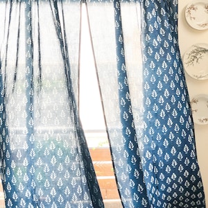 Indigo Mughal Print Semi sheer curtain, Cotton curtains, Boho Curtains, Drape panels, Blockprint curtains, Window Curtains, Door curtains