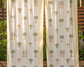 Kerala Blockprint Tropical Curtains, Yellow and Green Palm Tree curtains, pack of 1,Elephant curtain panels, tropical blockprint curtains