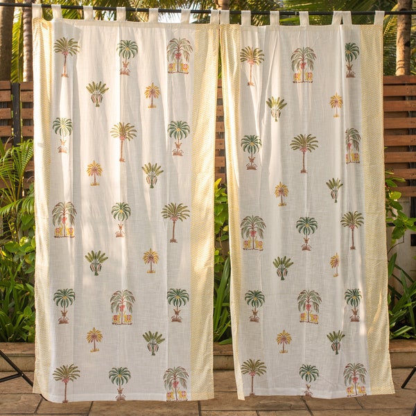 Kerala Blockprint Tropical Curtains, Yellow and Green Palm Tree curtains, pack of 1,Elephant curtain panels, tropical blockprint curtains