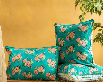 Green Kentish Rose Blockprinted Cushion Cover