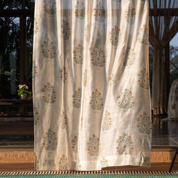 Orange and Green Oleander Blockprint Maheshwari Silk Curtain, Silk Curtains, Living Room Curtains, Door Curtains, Grommet Panels and Drapes