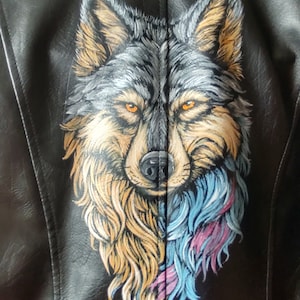 Veste, blouson simili cuir, custom, femme, loup, noir, blouson, blouson moto, loup, femme, cuir