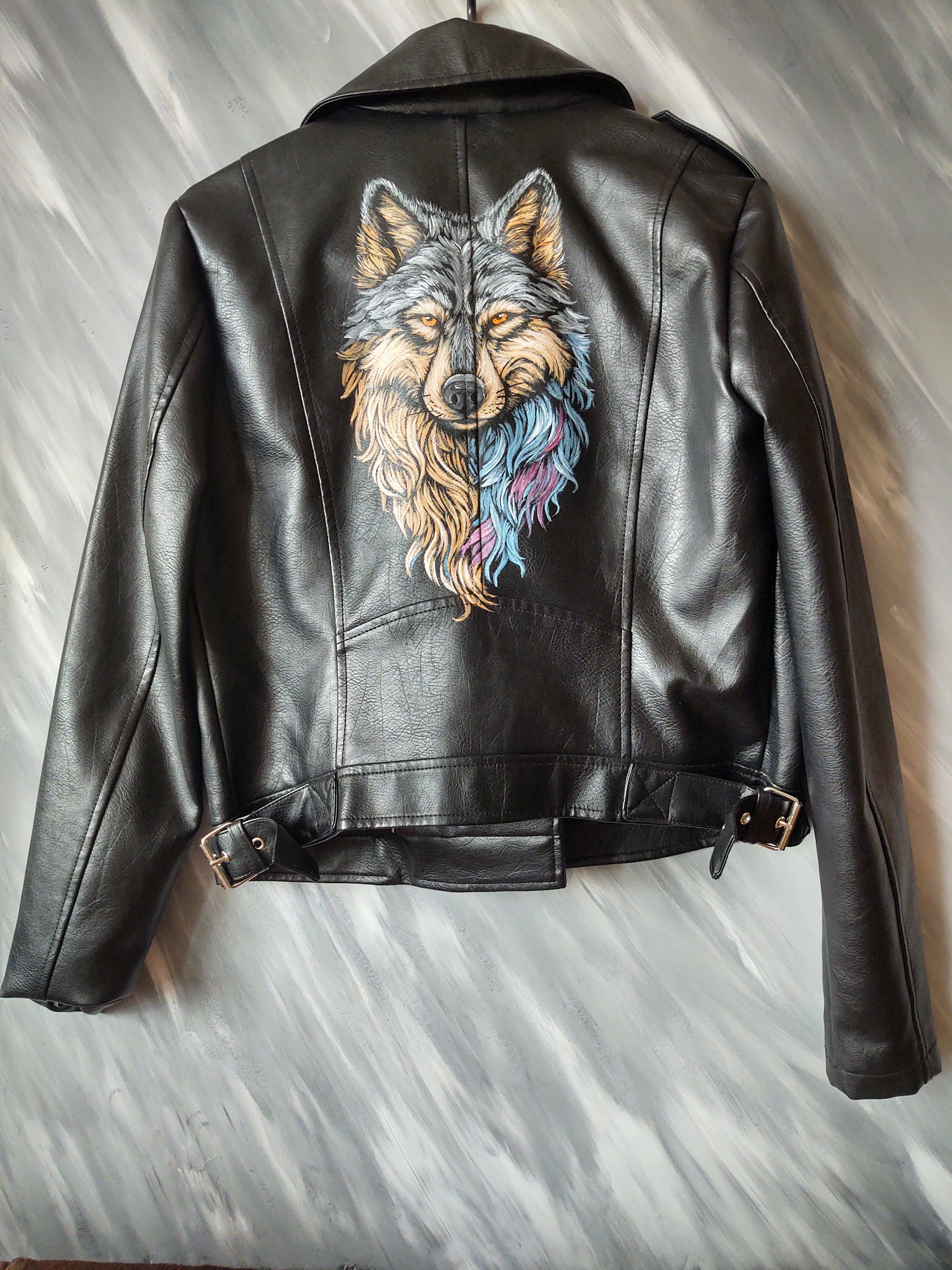 Hand Painted Wolf Leather Jacket Art -faux Leather, Personalized