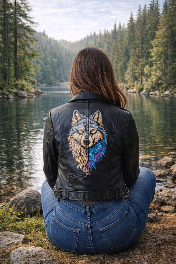 Hand Painted Wolf Leather Jacket Art -faux Leather, Personalized