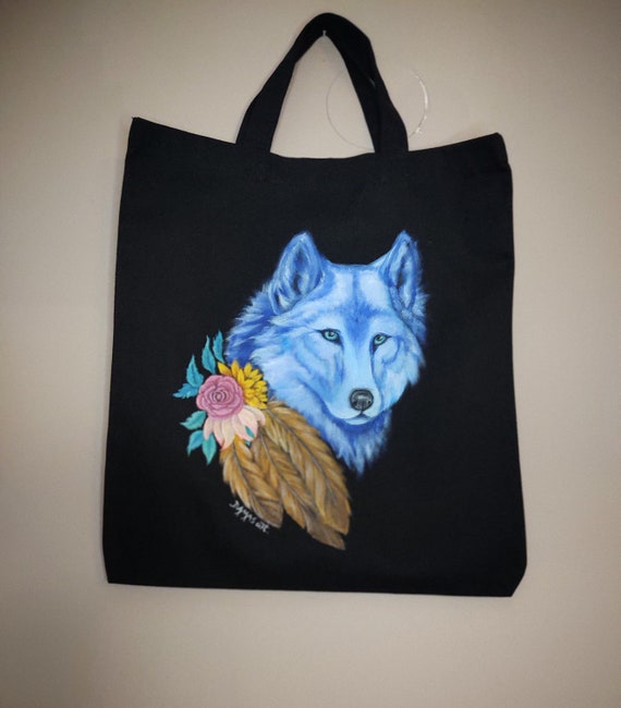Tote bag avec un loup peint à la Oeuvre peinte Sac