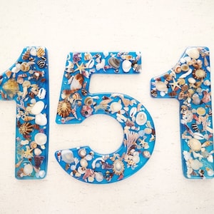 May include: Blue house numbers with the numbers 151, made with seashells and other ocean-themed embellishments.