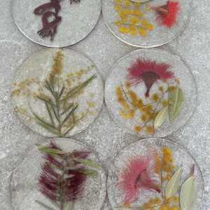 Australian Native Flower Coaster Set | Handmade Resin Coasters | Kangaroo Paw, Wattle & Gum Blossoms | Australian Gift