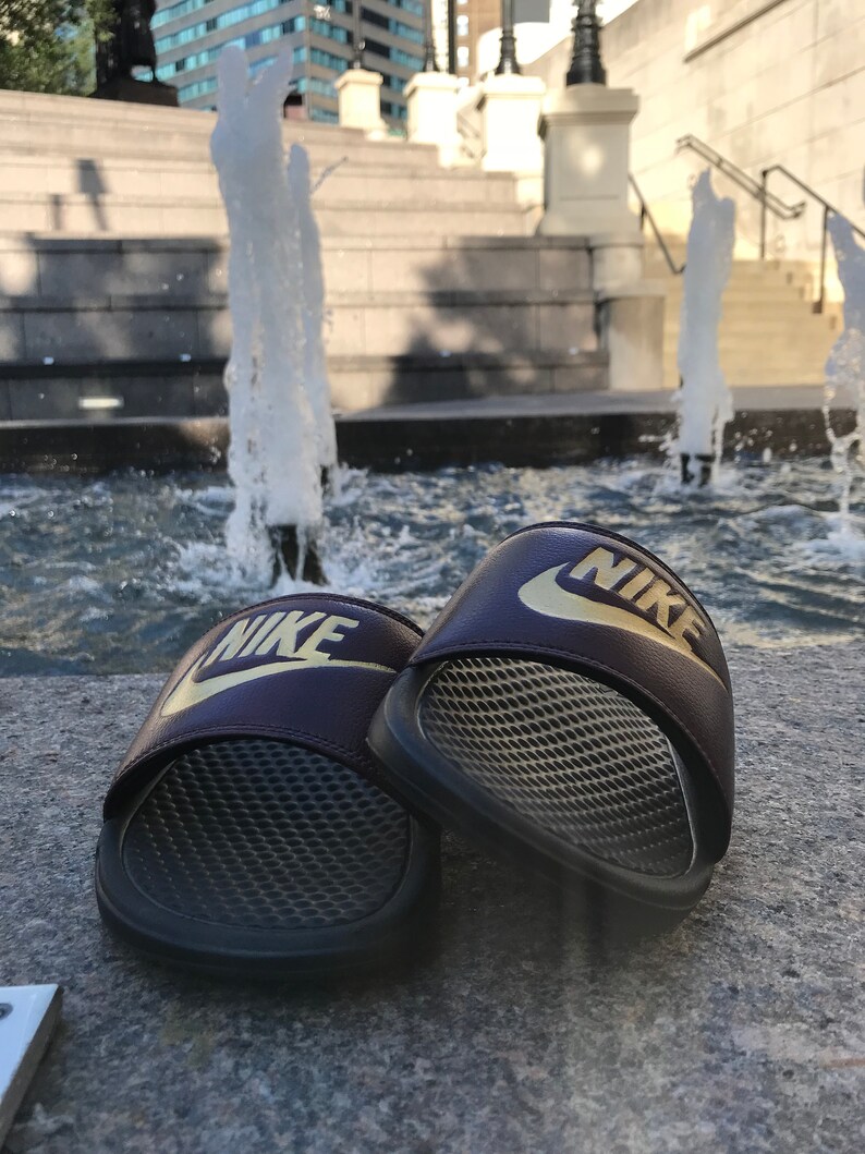 nike benassi slides burgundy and gold