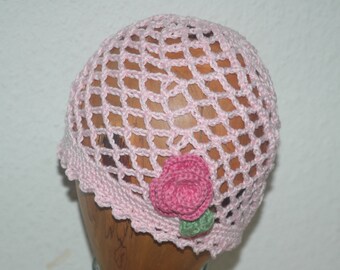 pink crochet hat with crocheted pink flower for head circumference approx. 40 cm - 46 cm