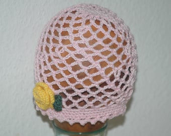 pink crocheted hat with crocheted yellow flower for head circumference approx. 40 cm - 46 cm