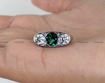 935 Argentium Silver Signet Ring, Green Emerald & White CZ, Three Stone Vintage Style