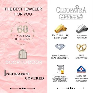 以下が含まれることがあります： ピンクと白のグラフィックで、「The Best Jeweler For You」と「Cleopatra」のテキストと、エジプトのシンボルの画像が描かれています。グラフィックには、金、プラチナ、ダイヤモンド、指輪、証明書、ロゴの画像も含まれています。「60 Days Easy Returns」と「Door to Door」のテキストも含まれています。「Insurance Covered」のテキストはグラフィックの下部にあります。