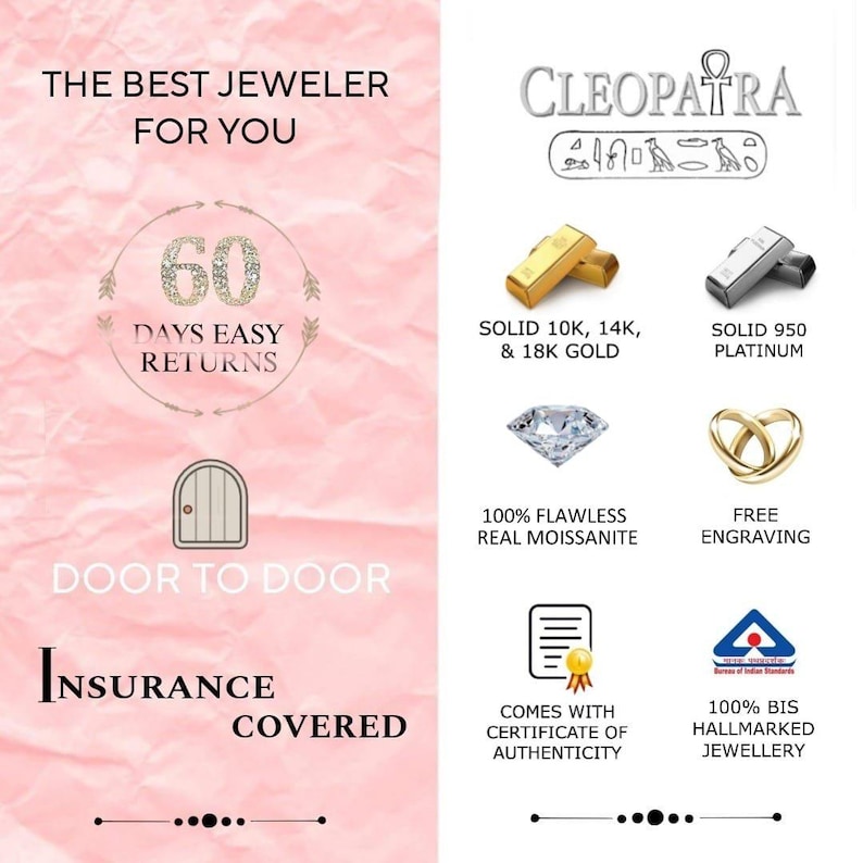 以下が含まれることがあります： ピンクと白のグラフィックで、「The Best Jeweler For You」と「Cleopatra」のテキストと、エジプトのシンボルの画像が描かれています。グラフィックには、金、プラチナ、ダイヤモンド、指輪、証明書、ロゴの画像も含まれています。「60 Days Easy Returns」と「Door to Door」のテキストも含まれています。「Insurance Covered」のテキストはグラフィックの下部にあります。