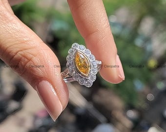 Art Deco Marquise Citrine Ring: 935 Argentium Silver Cubic Zirconia Halo