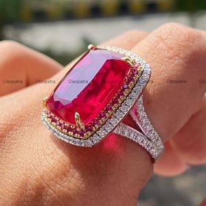 935 Argentium Silver Ruby Halo Cocktail Ring, Rectangular Statement Ring, Vintage Style Jewelry