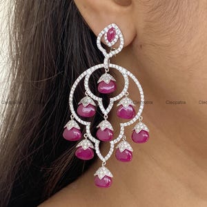 935 Argentium Silver Cabochon Ruby & Round CZ Chandelier Earrings, Bridal Wedding Jewelry, Party Wear Earrings, Silver Jewelry, Gift for Her