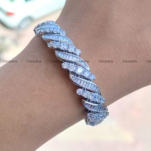 Interwoven Diagonal Swirl Pattern 14.38CT Round & Baguette Cut Shiny White Moissanite Women's Wedding Bracelet In Solid 935 Argentium Silver