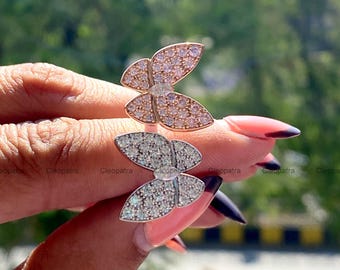 Two Butterfly Open Band Ring, 935 Argentium Silver, Pink White CZ Statement Ring