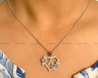 Floral Heart "A" Initial Pendant Necklace, 935 Argentium Silver, Moissanite Personalized Jewelry