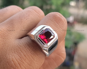 Emerald Cut Red Ruby Argentium Silver Men's Signet Ring