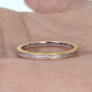 950 Platinum Half Gold Plated Wheat Textured Engraved Band, Milgrain Band, Custom Hidden Message Engraved Band Ring, Unique Gift For Women