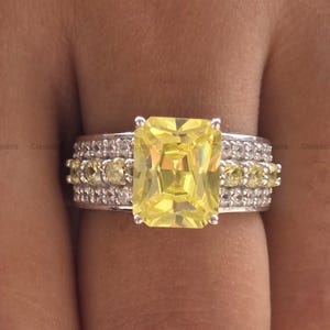 Canary Yellow Radiant & Round Cut Citrine With Round Cut White Moisanites Ring, Real 950 Platinum Wide Shank Classic Women's Ring, 10K Gold