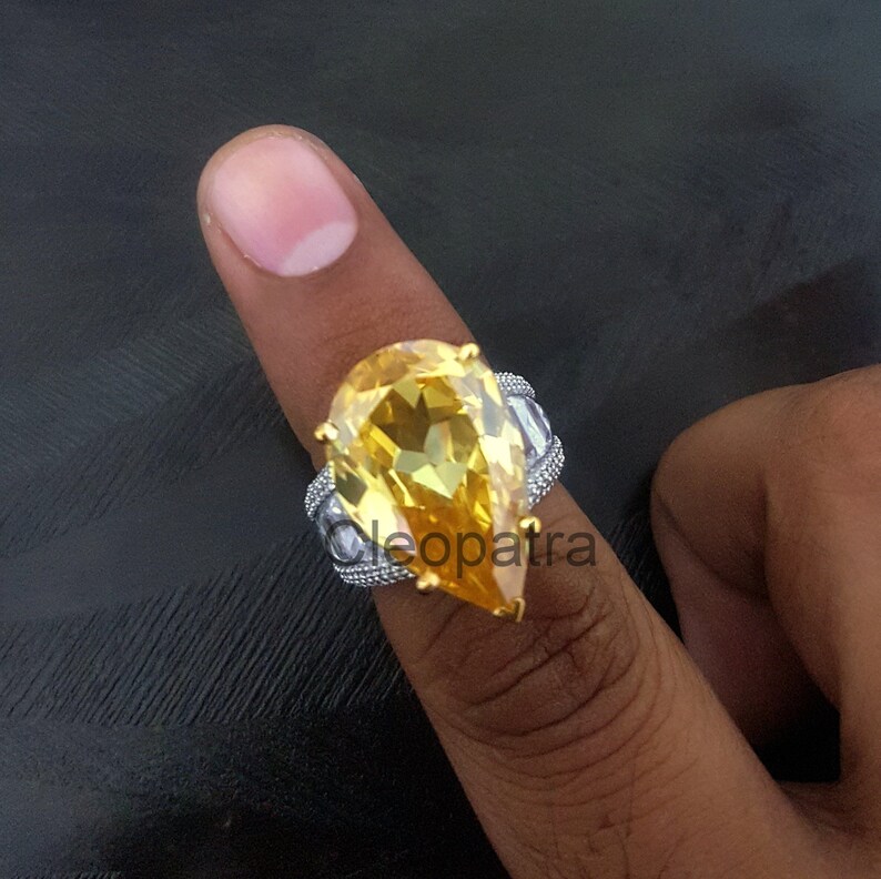 8.99CT Pear Citrine Baguette CZ Band 925 Sterling Silver Gemstone Ring